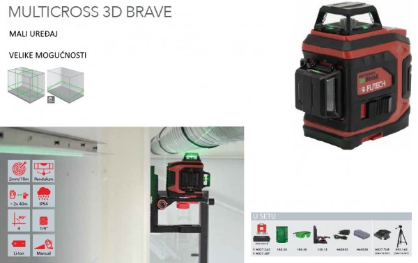 FUTECH laserski nivelir križni 3D BRAVE Set (zeleni,2x40m) 026.3DG-Set